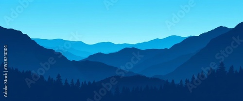Stylized blue vector landscape with dark silhouette mountains, hills, and trees ,  illustration,  scenic