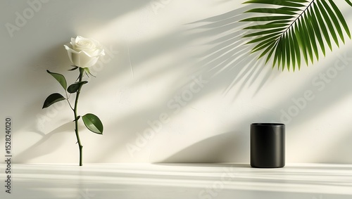 Single white rose with palm shadow and black container