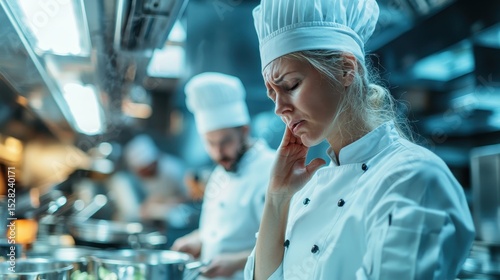 A professional female chef demonstrates a moment of distress while working in a bustling restaurant kitchen, reflecting the pressures and challenges faced in culinary arts and hospitality.