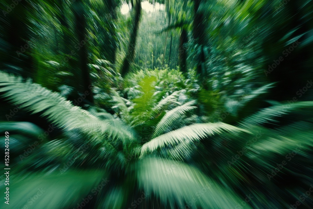 Obraz premium Motion through lush tropical forest showcasing vibrant fern plants and rich greenery, Motion through tropical forest above fern plants and evergreen jungle vegetation