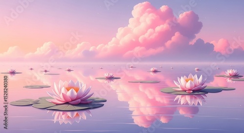 Pink water lilies floating on a serene lake under a pastel sky with fluffy clouds reflecting below