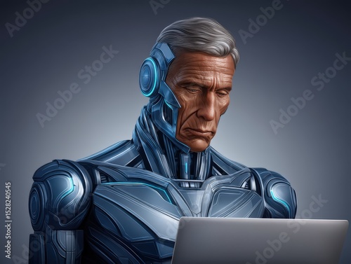 Hyper-realistic depiction of a serious male cyborg engaged in digital work on a laptop showcasing advanced technology and a futuristic aesthetic with nuanced emotional expression