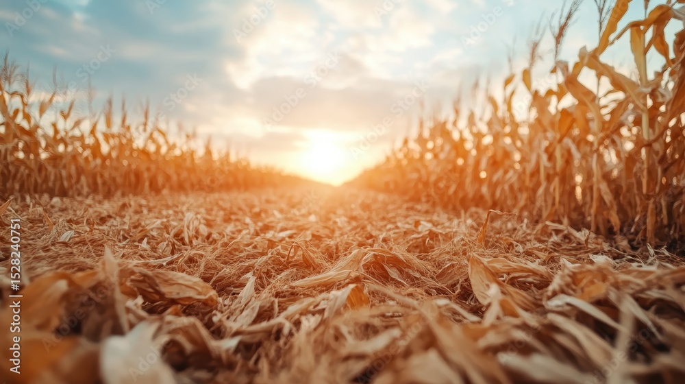 Fototapeta premium A serene view of a golden cornfield during sunset, showcasing vibrant colors blending into a warm horizon, symbolizing harvest, nature's beauty, and tranquility.