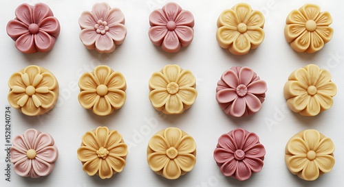 floral wagashi sweets with fine pencil detail, arranged in a refined grid

