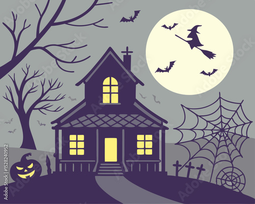 Haunted house halloween night scene illustration