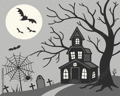 Haunted house halloween spooky scene illustration