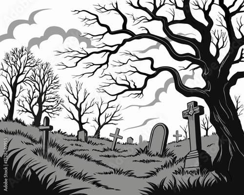 Spooky graveyard scene with bare trees and tombstones