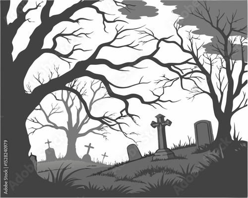 Spooky graveyard scene with bare trees