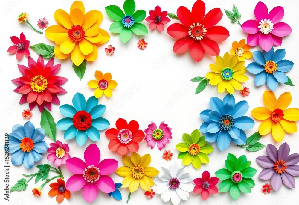 White paper background, vibrant floral collage of diverse-sized paper flowers, some with spotted centers, background, texture White paper background, vibrant floral collage of diverse-sized paper flowers, some with spotted centers, background, texture