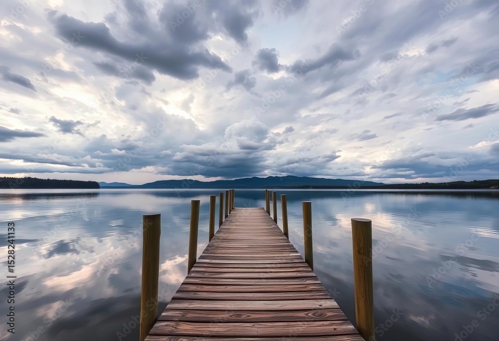 Obraz premium Wooden dock extends into calm lake, stormy sky reflected in water, hope, reflection