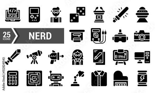 25 Black Glyph Icons for Nerd Culture and Interests.