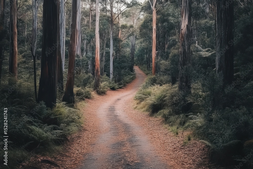 Fototapeta premium Explore the winding track through the lush forest of Tasmania during a tranquil afternoon in nature, Discover and explore wild nature of Tasmania Australia Forest walk path trail