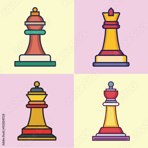 Chess Piece Illustration King, Queen and Strategy Game Vector Icon Set