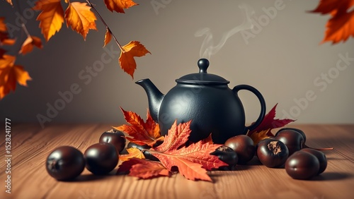 A matte black teapot with steam rising, framed with autumn leaves and chestnuts, emphasizing a warm and inviting Thanksgiving feel