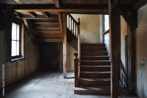 Unfinished interior space showcasing wooden stairs and rustic elements in a house construction site, Unfinished interior of house with wooden stairs and exposed beams