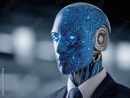 A futuristic humanoid robot with a blue electronic circuit design showcasing advanced artificial intelligence technology and unique capabilities enhancing the concept of modern digital identity