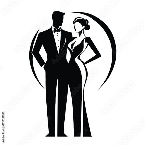 Stylized black and white vector of a man in a tuxedo and woman in a formal evening gown, ideal for luxury, fashion, or event-related themes
