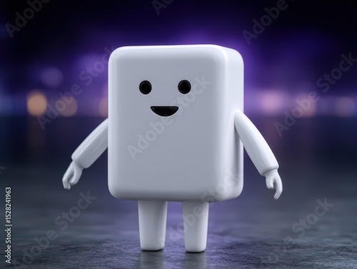 Whimsical 3D character with a friendly expression in a digital landscape illuminated by soft glowing lights exuding charm and playfulness reflecting the essence of modern design