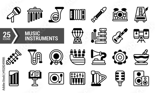 A Set of 25 Lineal Music Instrument Icons.