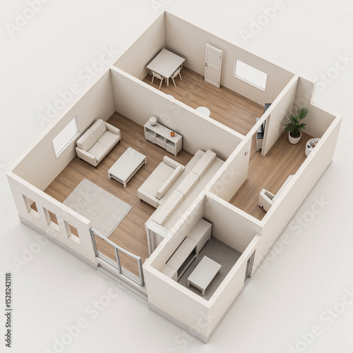 A modern 3D floor plan of a compact apartment featuring two bedrooms, a living room, a dining area, and a workspace, designed for efficiency and comfort