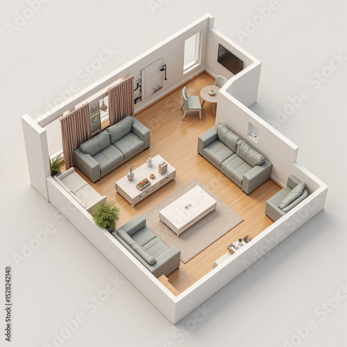 A modern 3D floor plan of a compact apartment featuring two bedrooms, a living room, a dining area, and a workspace, designed for efficiency and comfort