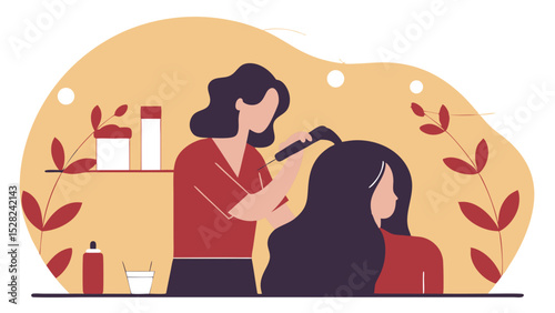 Illustration of a hairdresser styling a customer's hair in a salon setting
