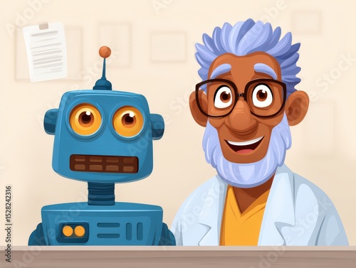 Friendly scientist and cheerful blue robot collaborate in a fun laboratory setting showcasing artificial intelligence potential for future innovations and creativity captured in vibrant colors