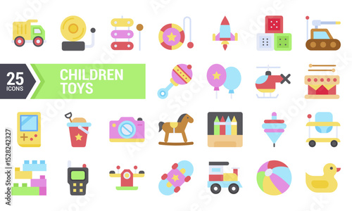 25 Colorful Flat Icons of Childrens Toys.
