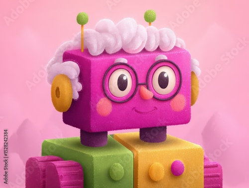 Cheerful cartoon robot character with colorful blocks and playful facial expression in a whimsical pink background conveying joy and creativity in a futuristic design concept