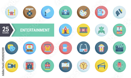 25 Entertainment Icons in Flat Circle Design.
