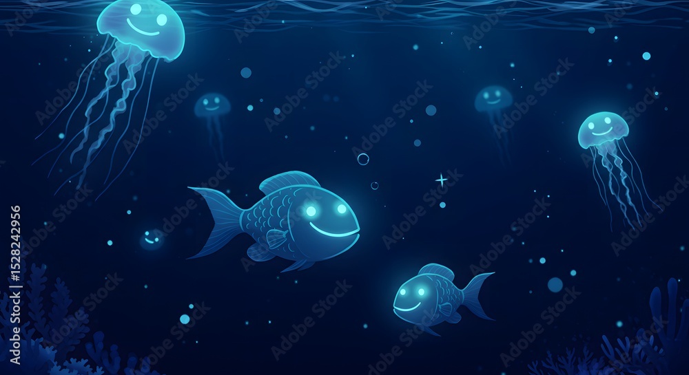 Naklejka premium Glowing Fish and Jellyfish Underwater Scene Digital Art