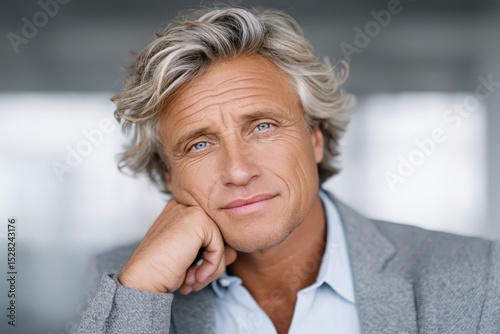 Confident middle-aged man with tousled gray hair and captivating blue eyes softly smiling while resting chin on hand in a professional setting conveying warmth and sincerity