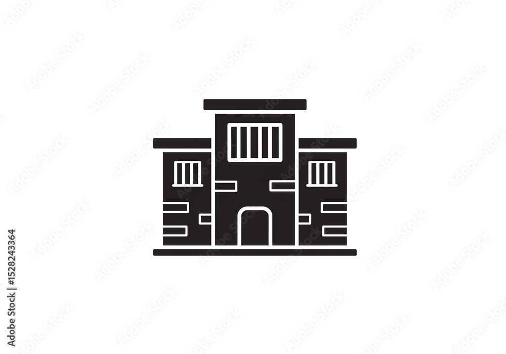 Fototapeta premium A black silhouette of a building with windows and an archway on a white background design element