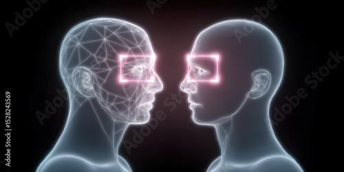 Two digital human faces representing advanced technology in artificial intelligence showcasing facial recognition features illuminated in an abstract glowing setting emphasizing connectivity and