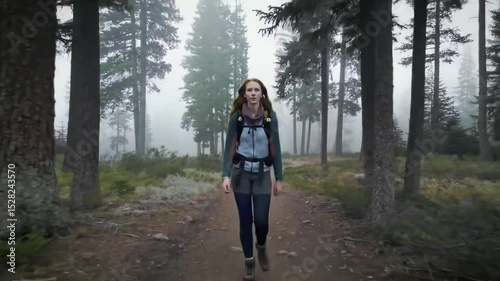 Person Walking Through Pine Forest Trail in Morning Fog