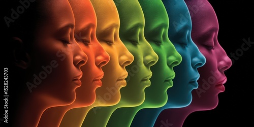 Vibrant profile silhouettes showcasing a spectrum of bold colors expressing the complexity of human emotions with illuminating light, representing identity exploration and emotional depth