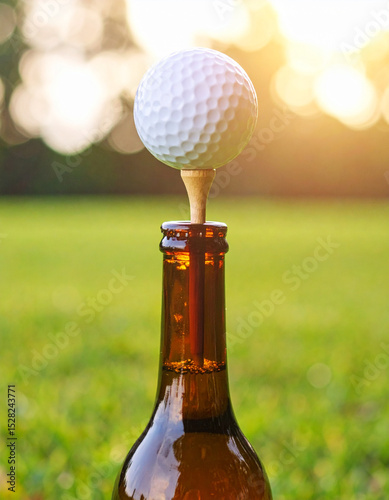 A golf ball on a tee, balanced precariously on an open beer bottle, a fun summer concept