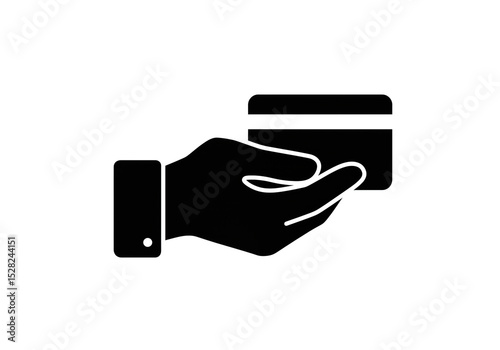 A black and white graphic of a hand holding a credit card on a white isolated background view