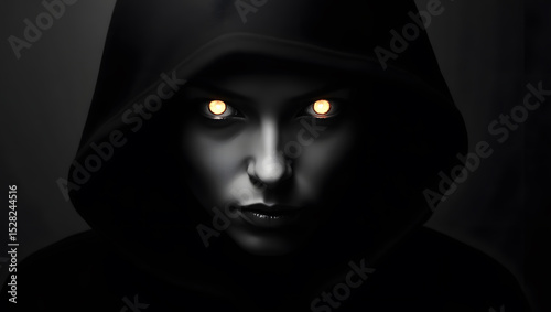 Mysterious Silhouette: A solitary figure, cloaked in shadow, emerges from darkness, their eyes emitting an eerie, glowing light, creating an atmosphere of intrigue and mystery.