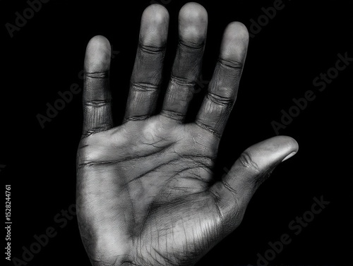 Close-up of an expressive black hand reaching outward against a stark background highlighting the intricate texture emphasizing strength and vulnerability in a striking monochromatic visual