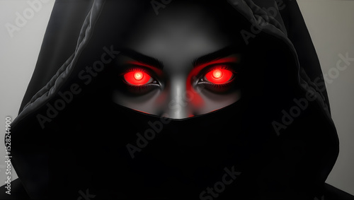 Shadowed Gaze: Mystical portrait featuring a person cloaked in a dark hood, their eyes glowing with an eerie red light, creating an atmosphere of mystery and intrigue.