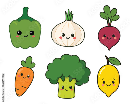 Cute Cartoon Vegetables Set Kawaii Eggplant Tomato Chili Potato Pumpkin amp Peas Vector