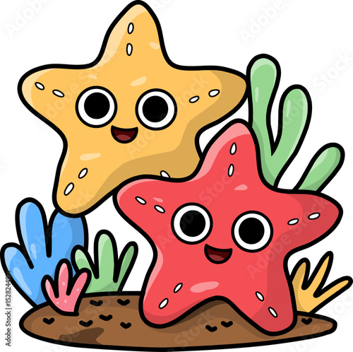 Cute Kawaii Starfish Vector – Smiling Starfish Characters with Coral and sea plants
