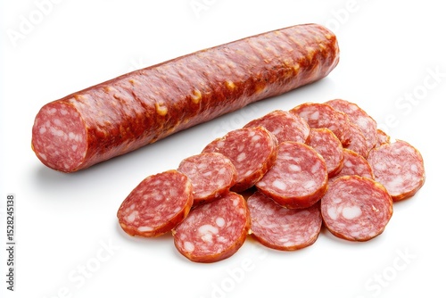 A whole salami and several slices are isolated on white background