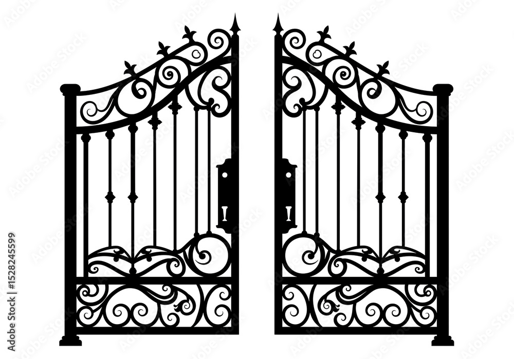 An ornate black wrought iron gate with decorative scrollwork is open on a white background An ornate black wrought iron gate with decorative scrollwork is open on a white background
