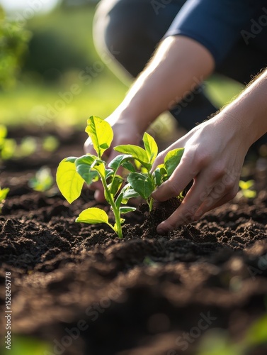 Person planting trees in community garden to promote local food production. Concept Community Garden, Tree Planting, Local Food Production, Sustainable Practices
