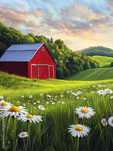 Red barn in a green field illustration showcasing rural farm life and agriculture with daisies, creating a peaceful pastoral scene