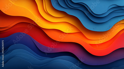 Abstract Layered Waves of Vibrant Color Blue, Orange, and Red Paper Cut Design