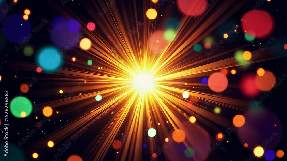 Abstract geometric background of radial lines. A bright twinkling golden star on a multi colored bokeh. Animation