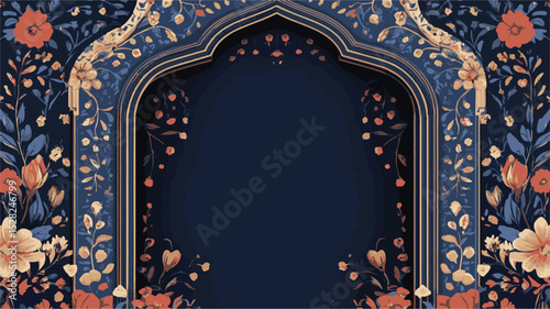 Traditional Mughal Garden Wedding Invitation Frame Design. Vector ornate frame with indian or arabesque motif. Template for indian, arabic wedding invitations, oriental holidays. 